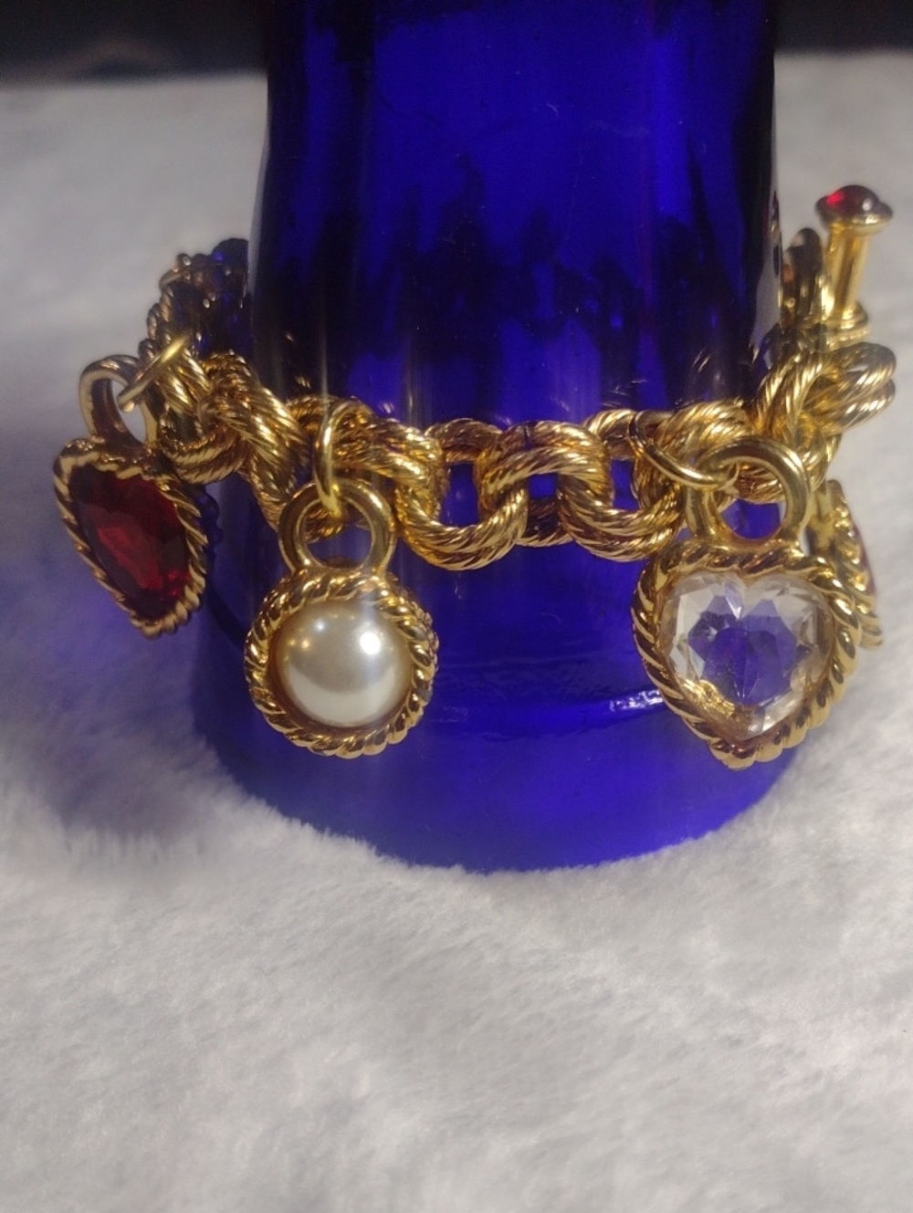 Gold-Tone Charm Bracelet with Red, Pearl and Clear Heart Charms